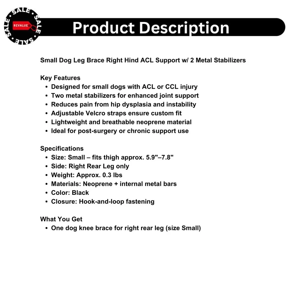 Small Dog Leg Brace Right Hind ACL‎ Support w/ 2 Metal Stabilizers
